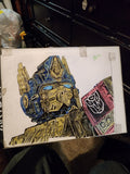 Original 8x11 ink and color drawing of Optimus Prime with Autobot shield