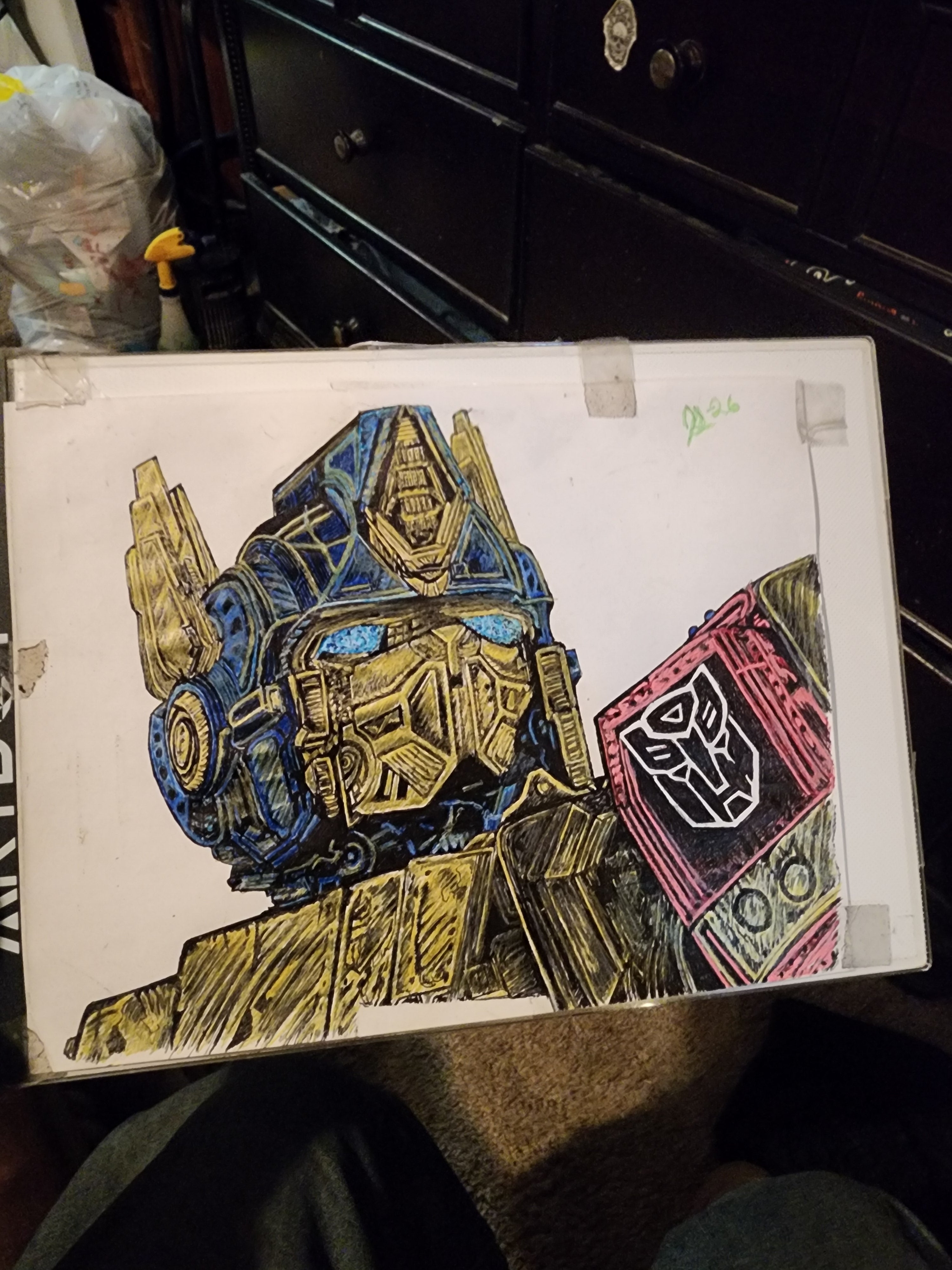 Original 8x11 ink and color drawing of Optimus Prime with Autobot shield