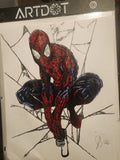 Original 8x11 signed ink and color drawing of Spider-Man crouching with geometric web background
