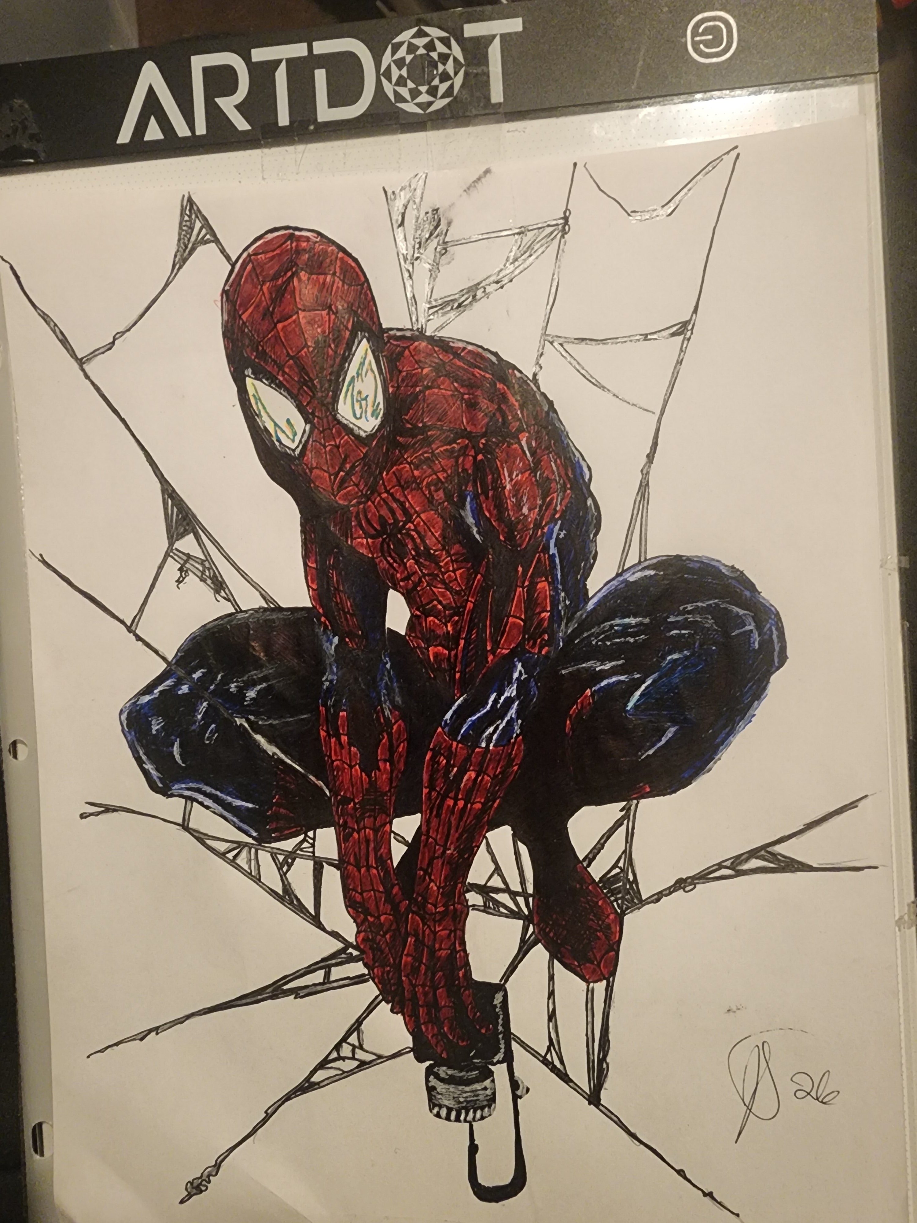 Original 8x11 signed ink and color drawing of Spider-Man crouching with geometric web background