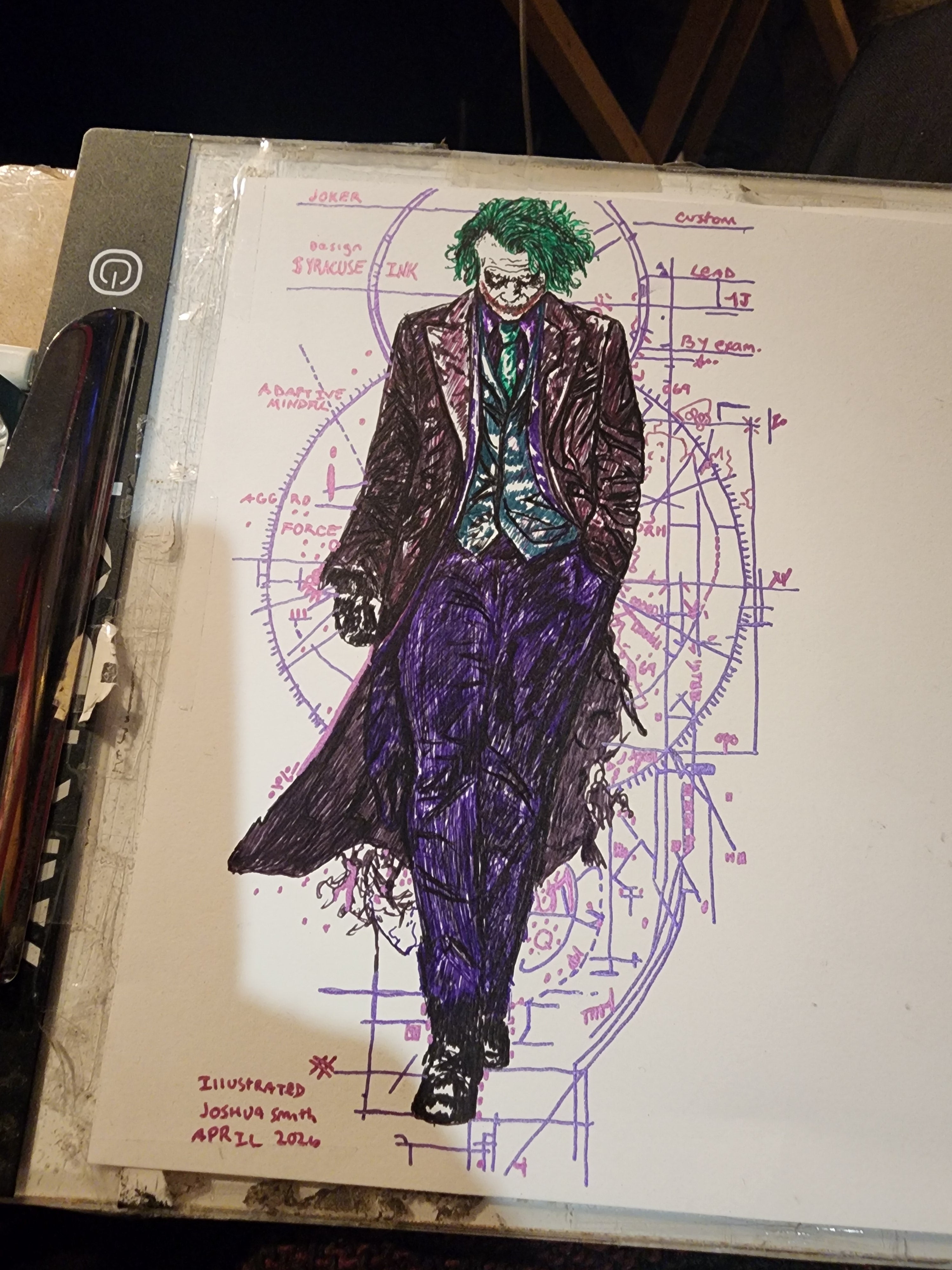 Original 5x7 ink drawing of Heath Ledger Joker full body with geometric blueprint background