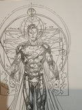 Superman Vitruvian Man pencil art print 5x7 with alchemical circle background
