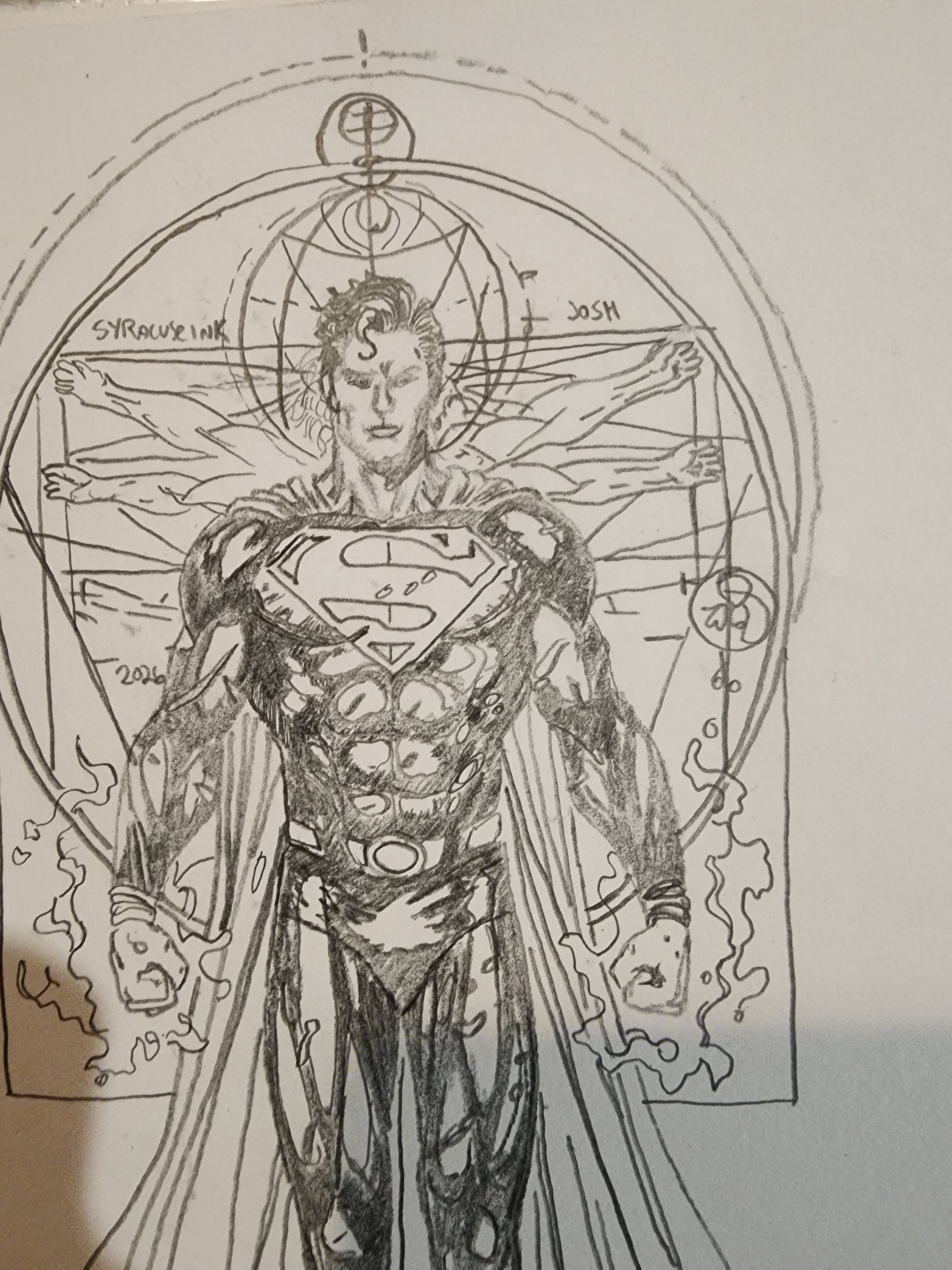 Superman Vitruvian Man pencil art print 5x7 with alchemical circle background