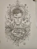 Superman dark portrait pencil art print 5x7 with alchemical geometric background