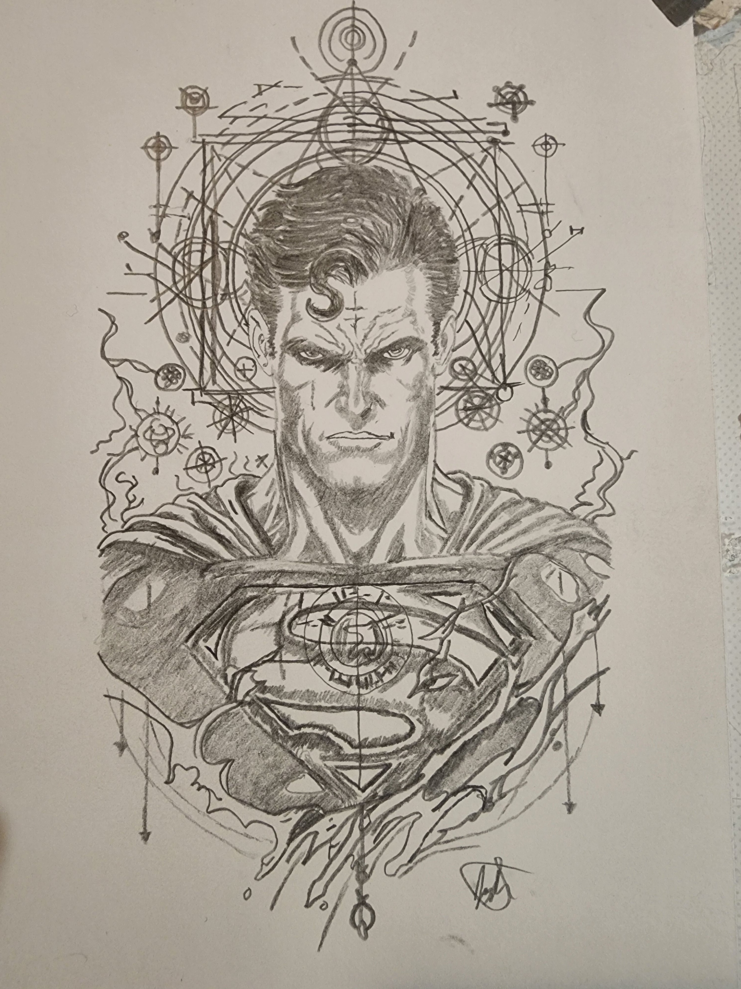Superman dark portrait pencil art print 5x7 with alchemical geometric background