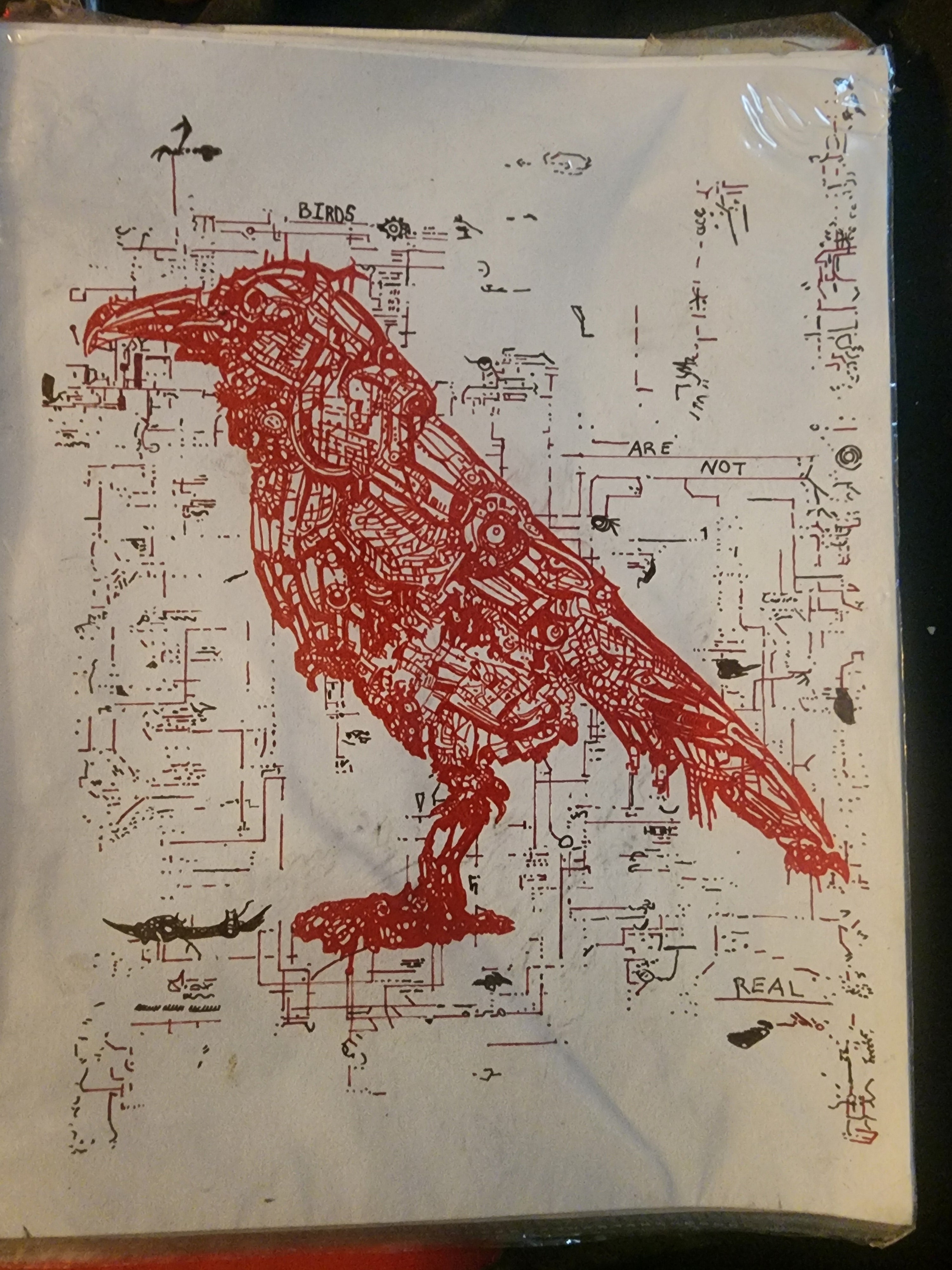 Mechanical raven red ink art print 8x11 with circuit diagram background