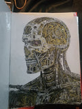 Original 8x11 ink drawing of the Terminator endoskeleton with intricate mechanical detail