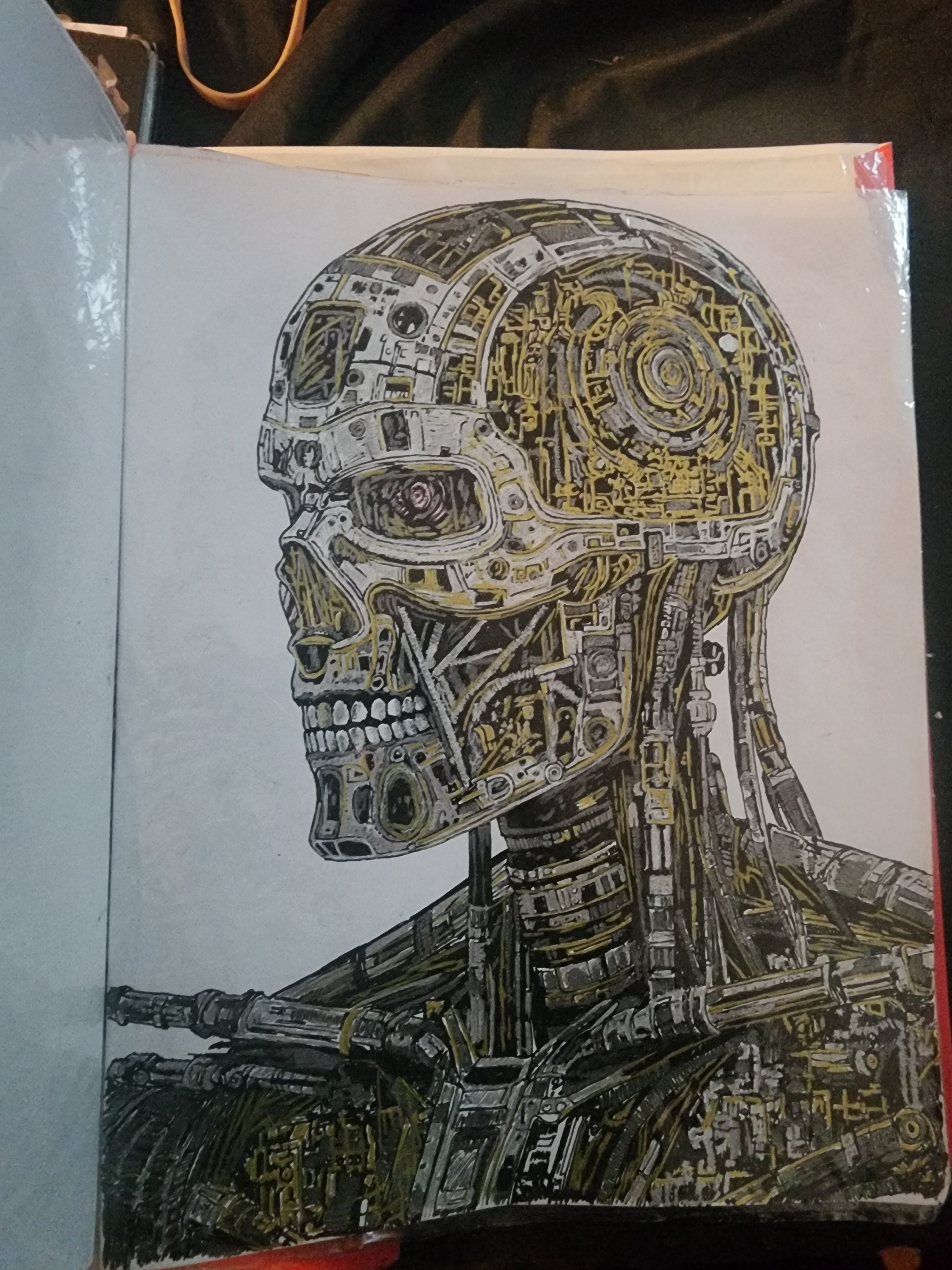 Original 8x11 ink drawing of the Terminator endoskeleton with intricate mechanical detail