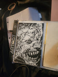 Original 5x7 white ink on black paper dual illusion drawing of a goblin and Oogie Boogie