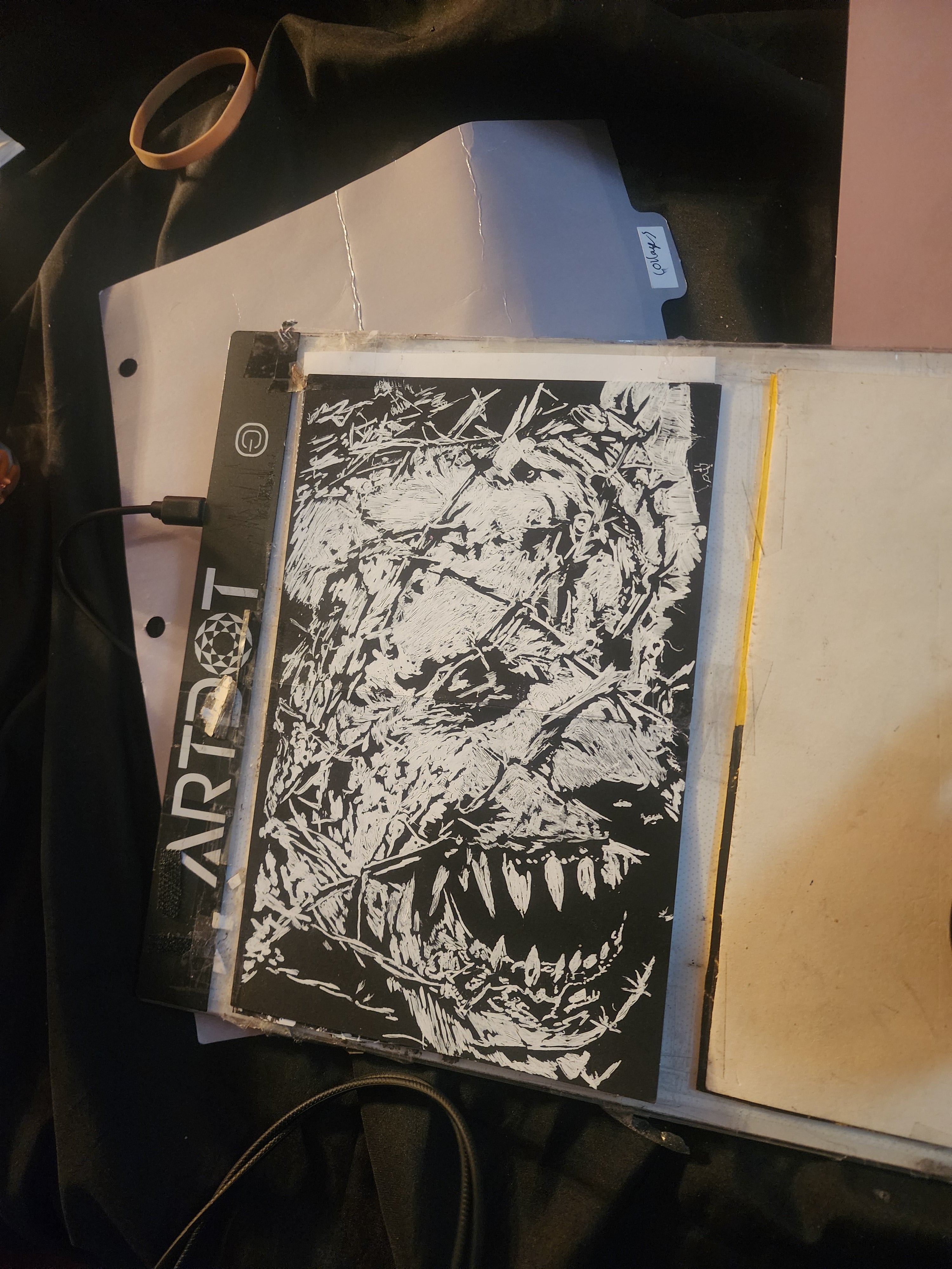Original 5x7 white ink on black paper dual illusion drawing of a goblin and Oogie Boogie