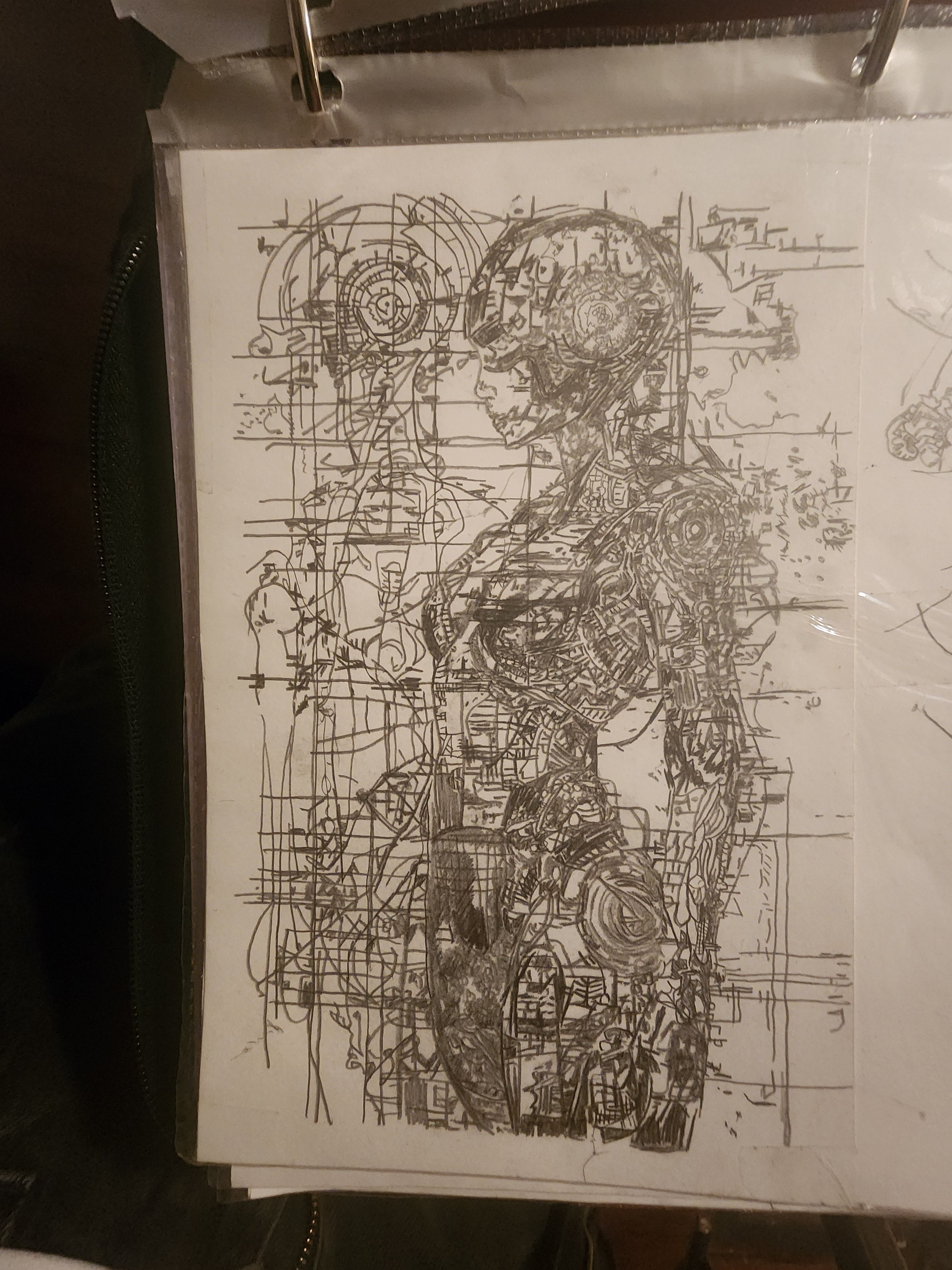 Original pencil drawing of a cybernetic figure, 5x7 inches