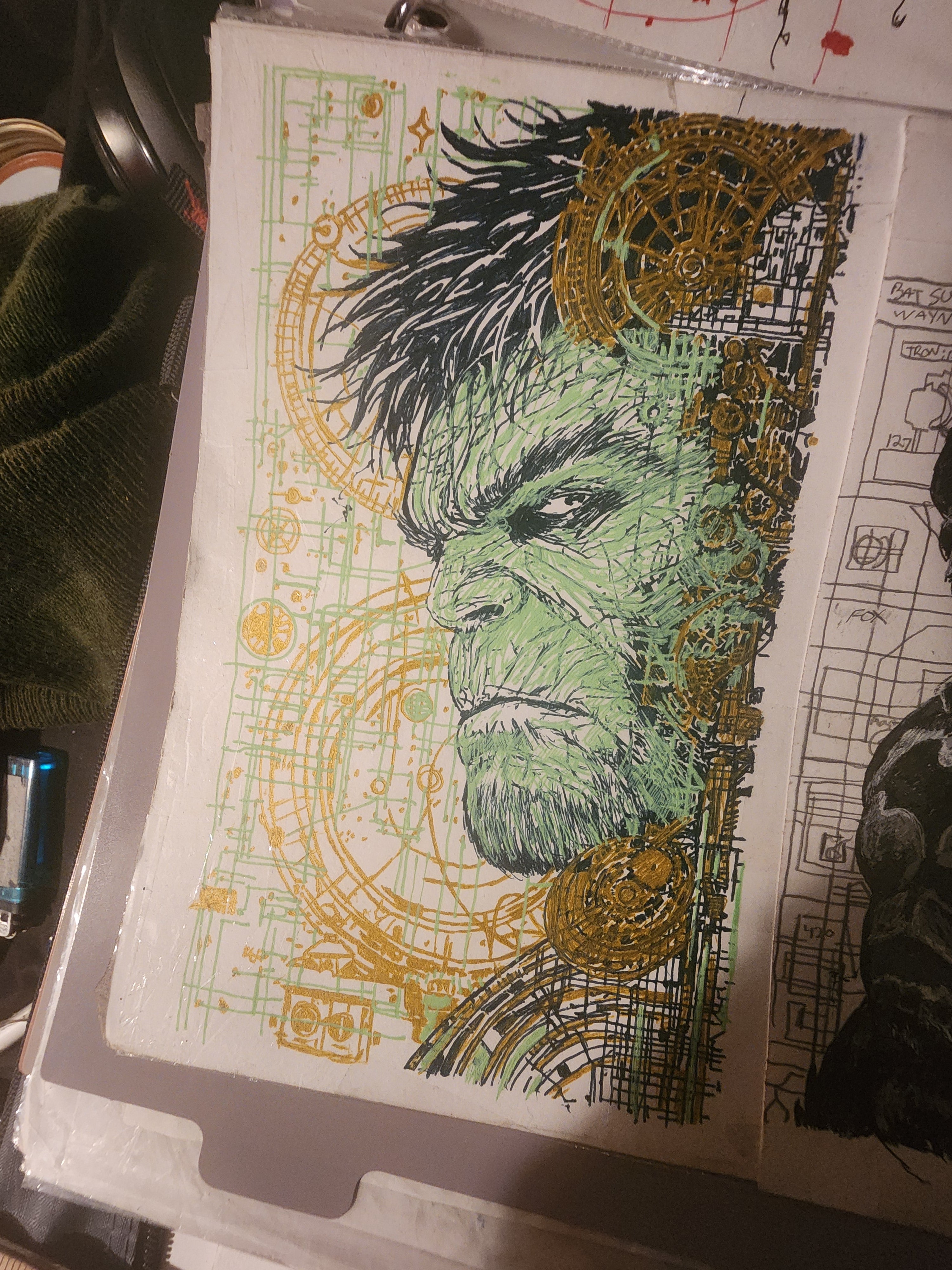 Original Hulk gel pen drawing in green and gold, 5x7 inches