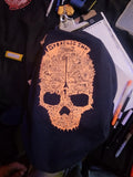 Black t-shirt with orange hand-drawn skull cityscape design, Syracuse Ink