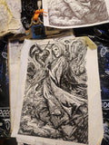 Original 8x11 ink drawing of the Grim Reaper with scythe in swirling crosshatched storm