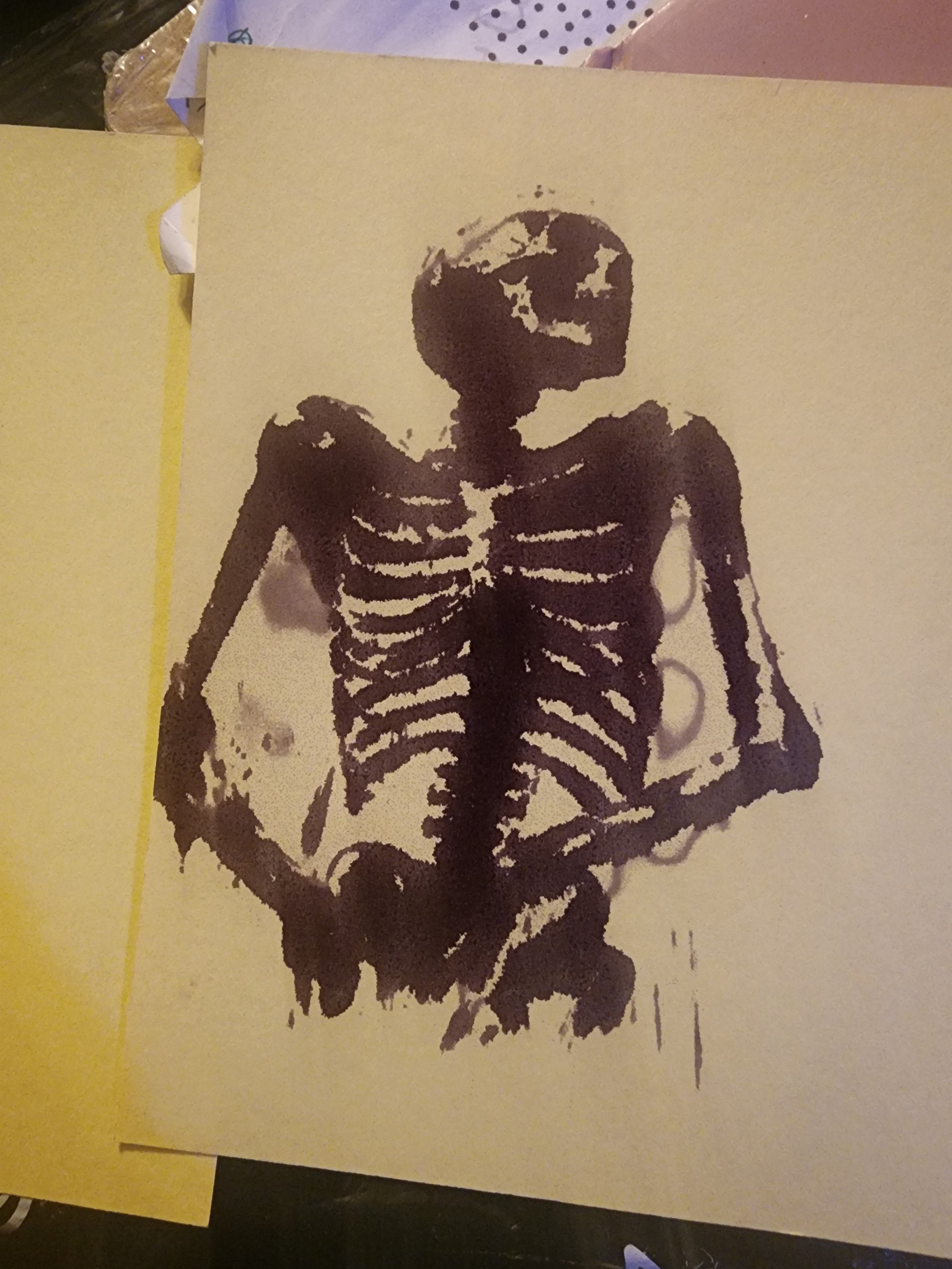 Skeleton torso ink watercolor mimicry art print 5x5 on cream paper