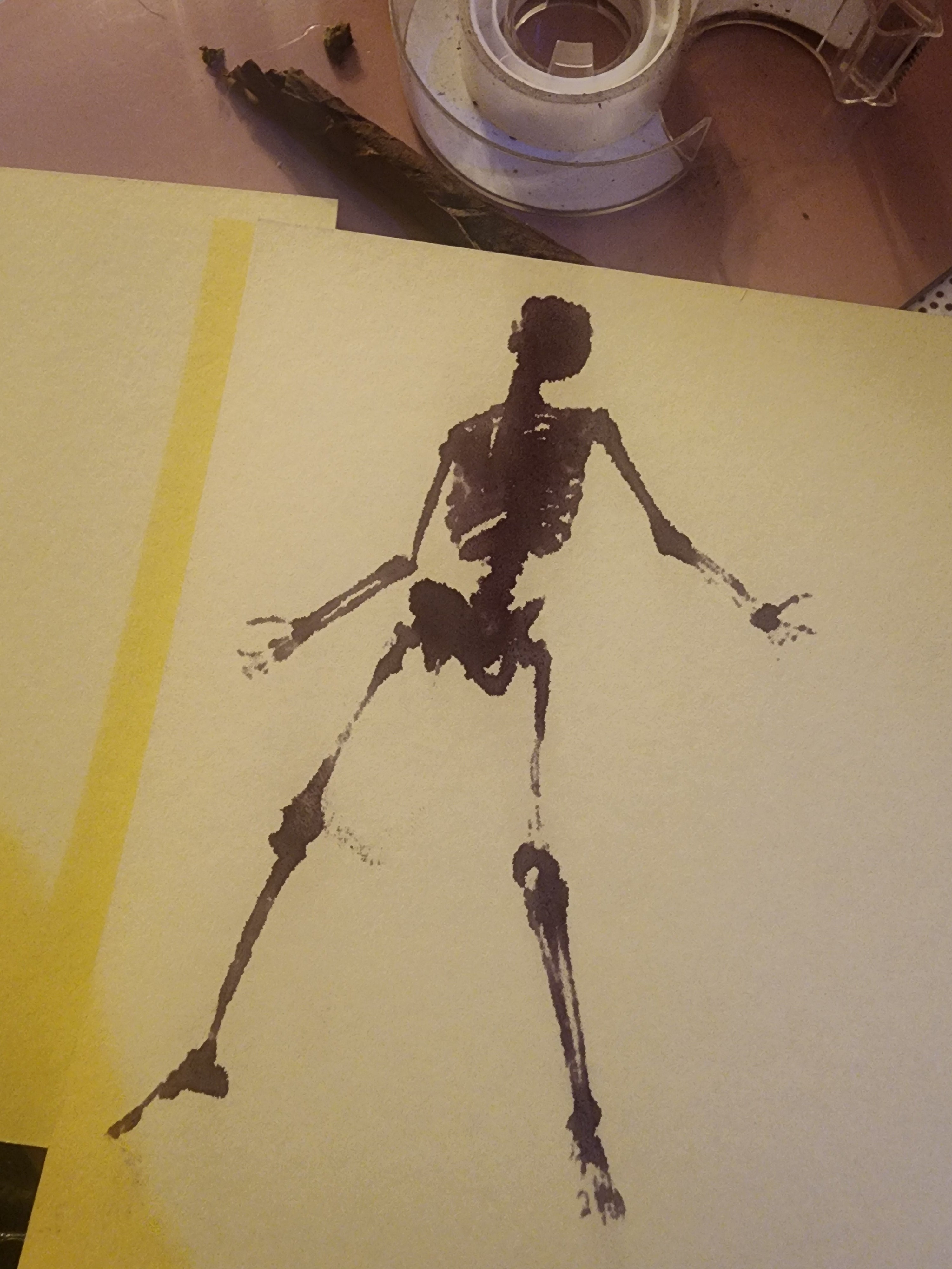 Dancing skeleton ink watercolor mimicry art print 5x5 on cream paper