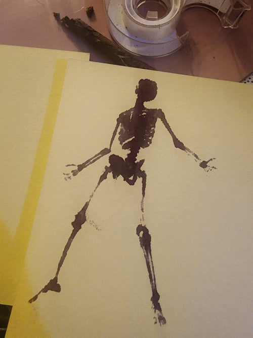 Dancing skeleton ink watercolor mimicry art print 5x5 on cream paper