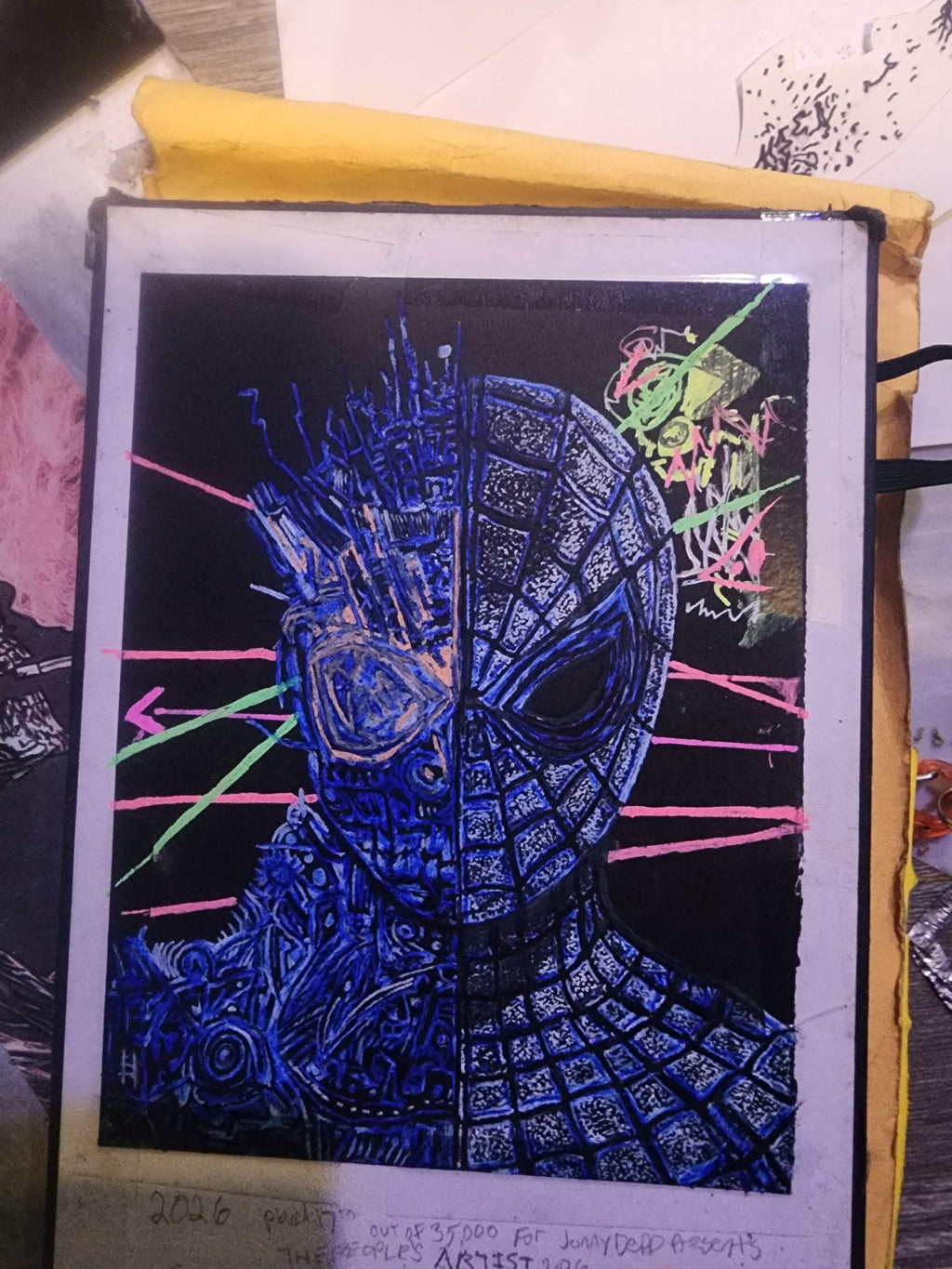 Spider-Man duality original art, blue gel pen on black paper, 5x7