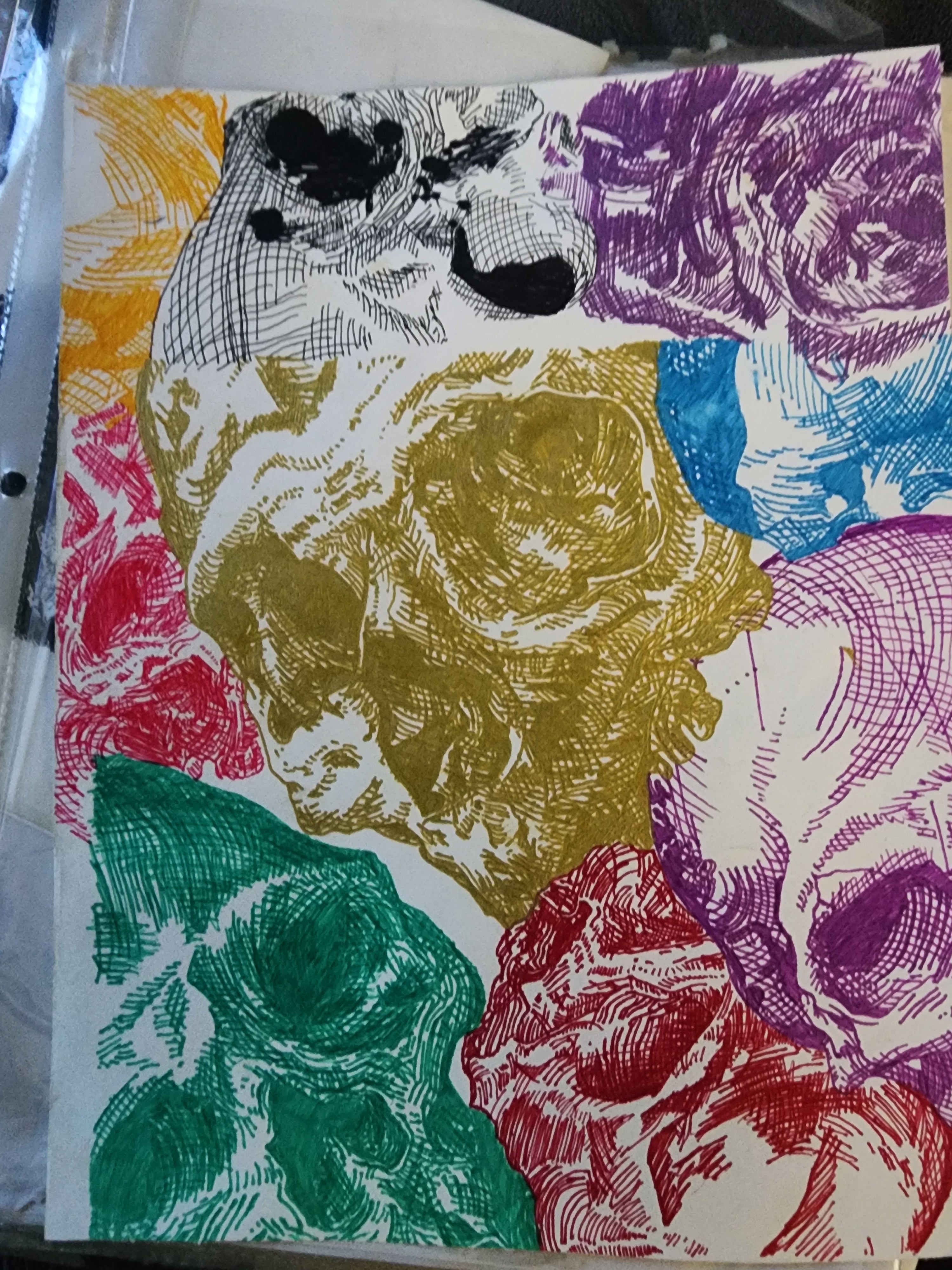 Original multicolor pen drawing of roses in various colors with crosshatch linework