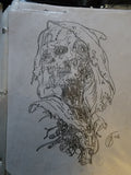 Original 8x11 pencil drawing of a decaying biomechanical skull figure with mechanical internals and robotic hand
