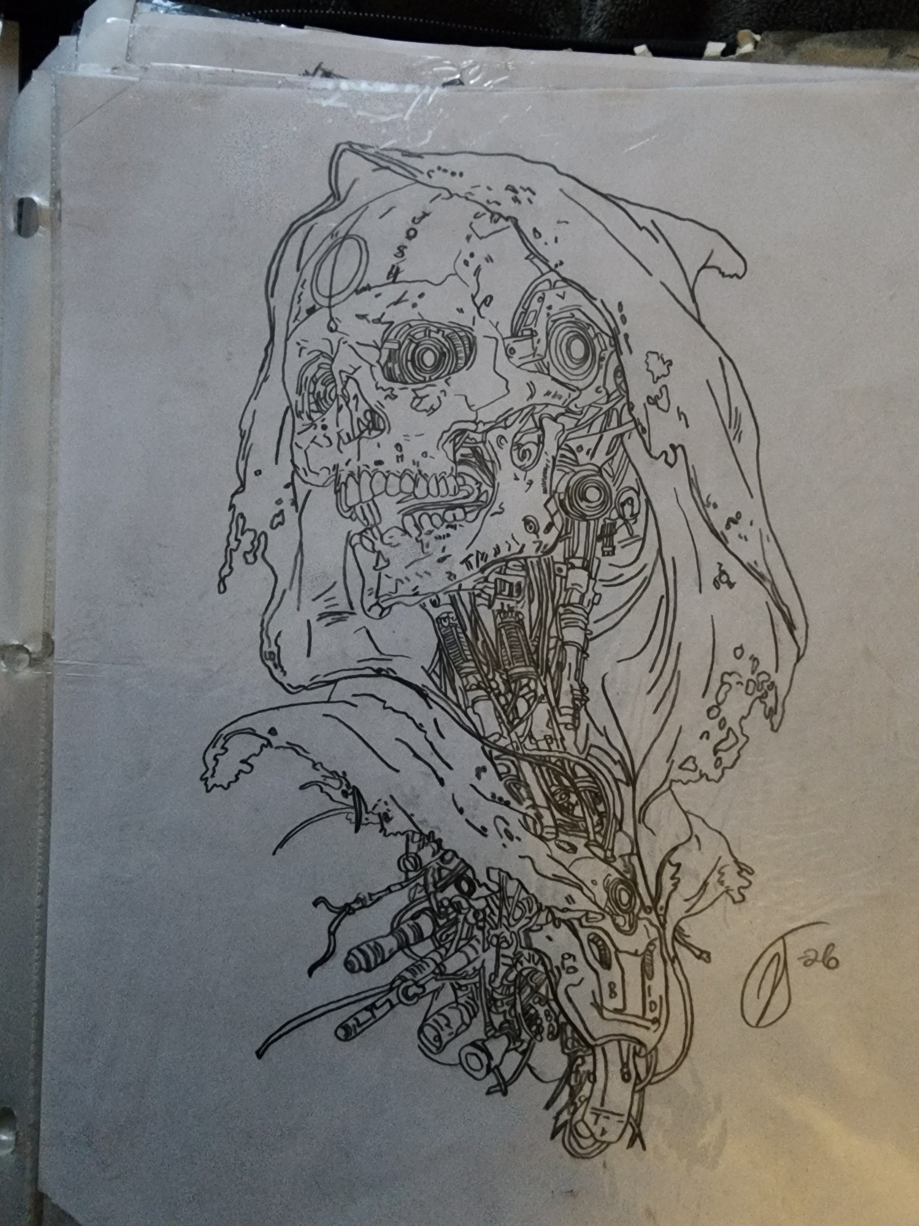 Original 8x11 pencil drawing of a decaying biomechanical skull figure with mechanical internals and robotic hand