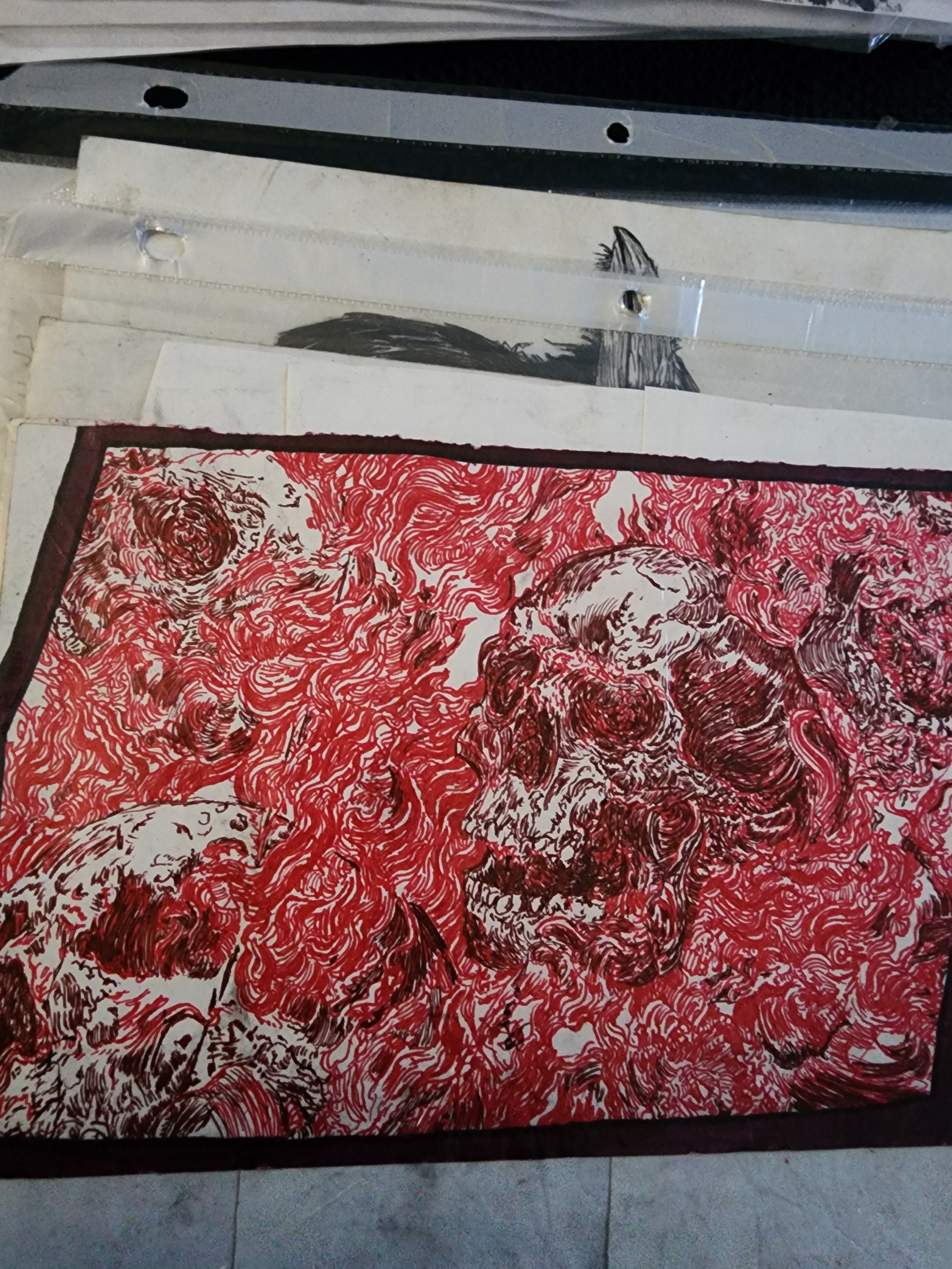 Original 5x7 ink drawing of a skull surrounded by swirling red flames