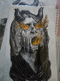 Original 5x7 ink drawing of a horned demon with orange flames pouring from eyes and mouth