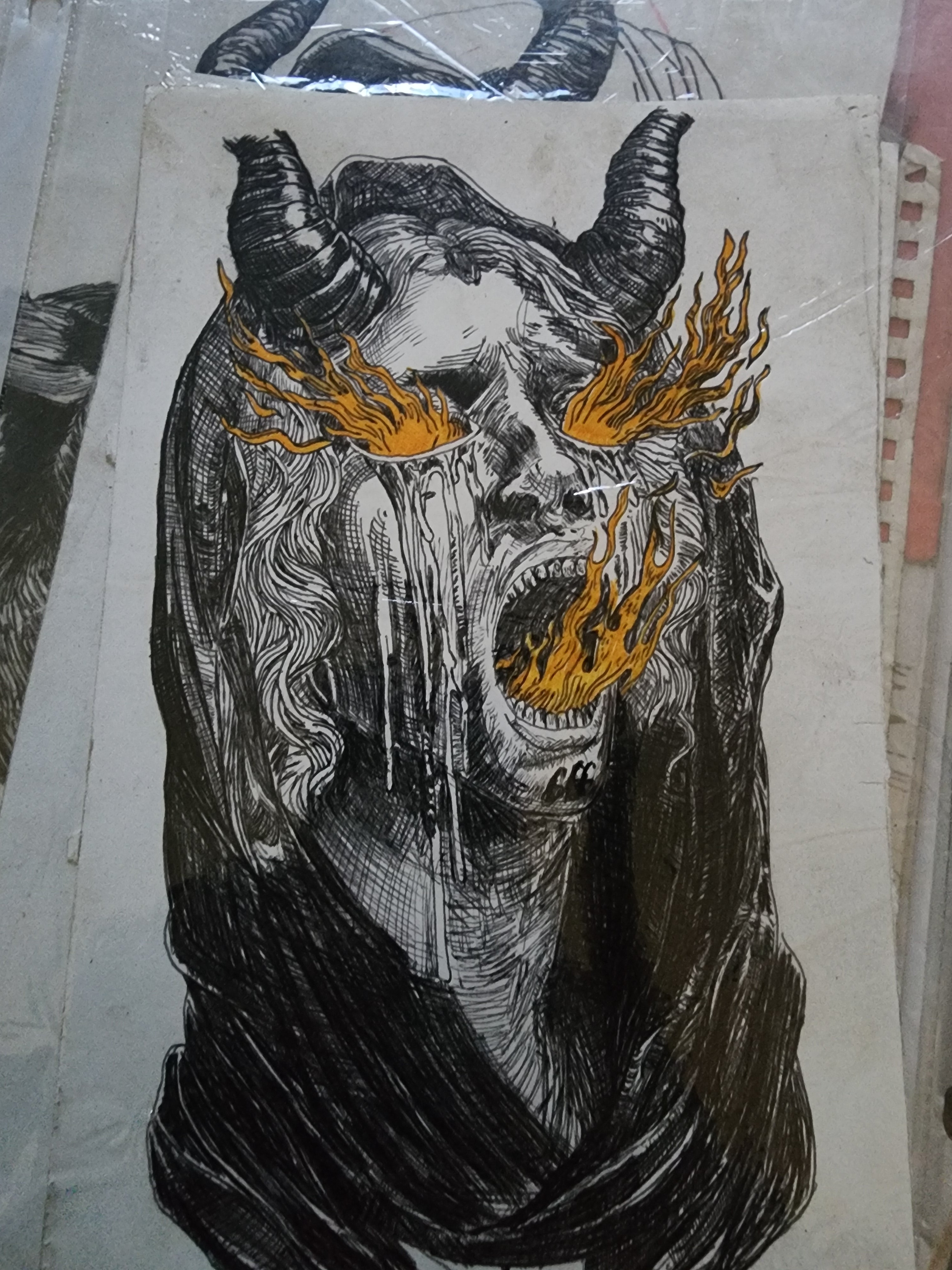 Original 5x7 ink drawing of a horned demon with orange flames pouring from eyes and mouth