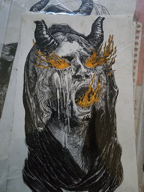 Original 5x7 ink drawing of a horned demon with orange flames pouring from eyes and mouth