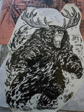 Original 5x7 ink drawing of a roaring bear with antlers