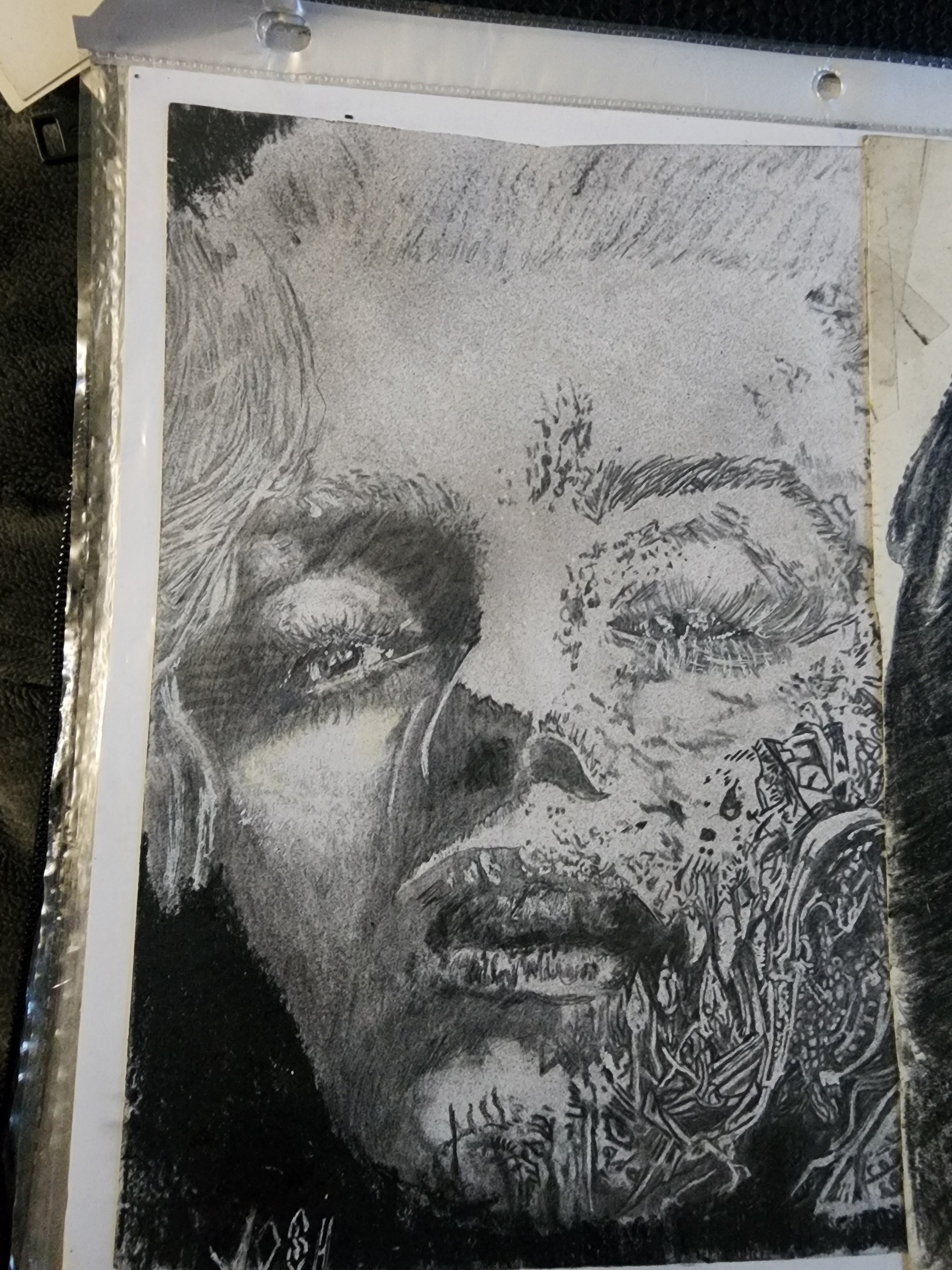 Original 5x7 pencil and charcoal biomechanical portrait drawing