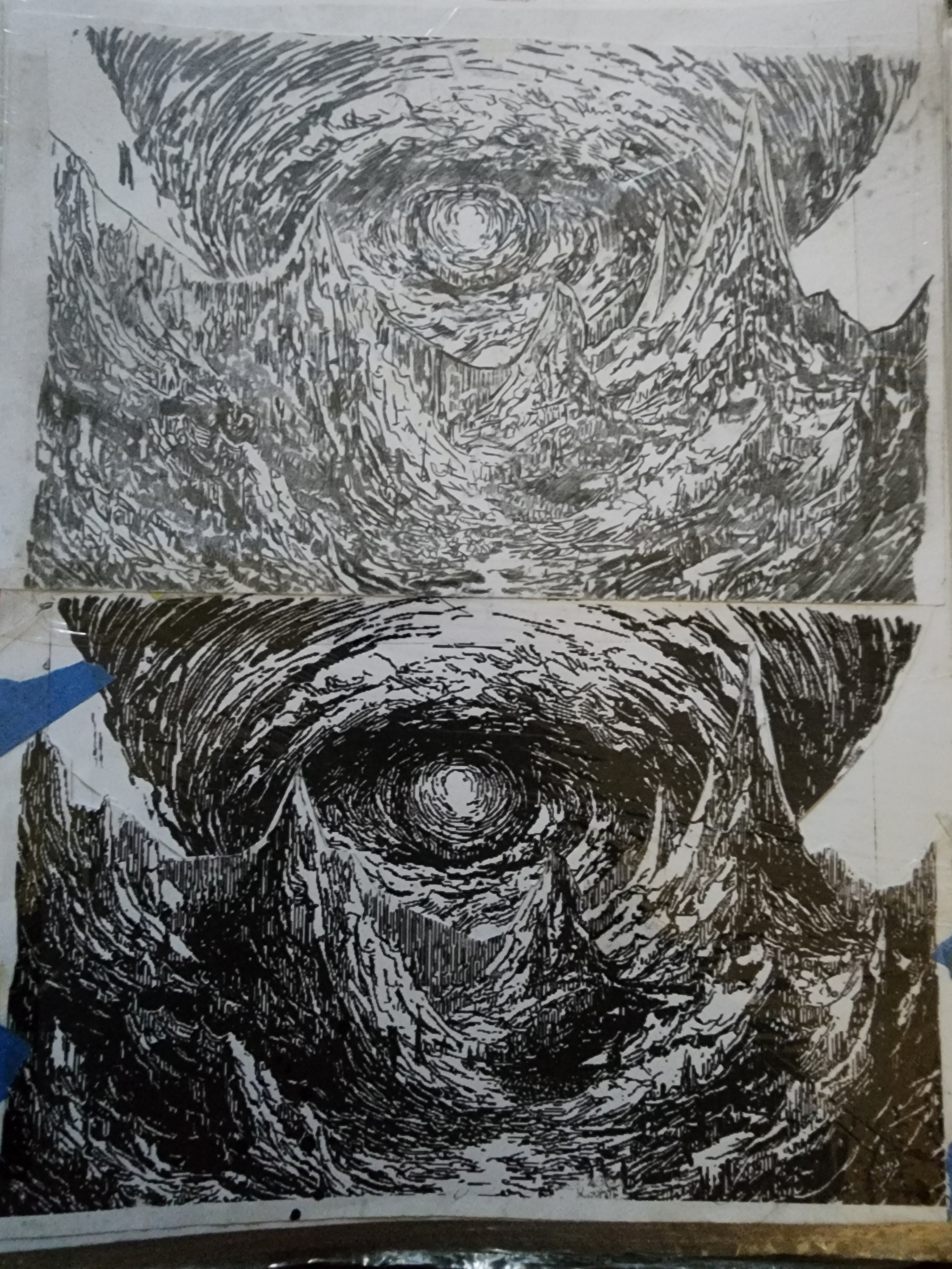 Two original 5x7 vortex drawings side by side — pencil version on top, dark Sharpie and gel pen version on bottom