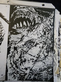 Original 5x7 scratchboard drawing of Oogie Boogie with massive teeth and chaotic figure in white on black