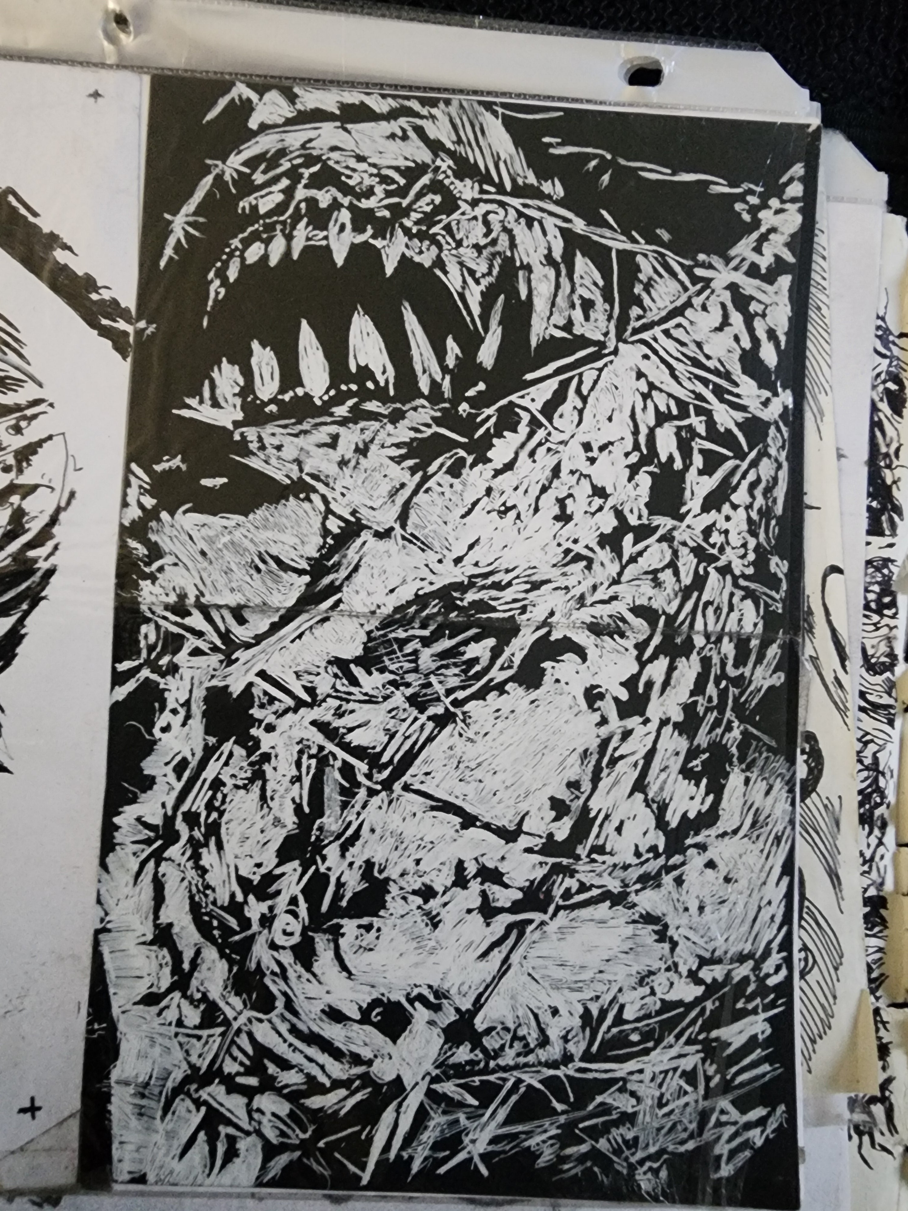 Original 5x7 scratchboard drawing of Oogie Boogie with massive teeth and chaotic figure in white on black