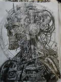 Original 8x11 pencil drawing of a biomechanical skull head filled with gears, pipes, and machinery