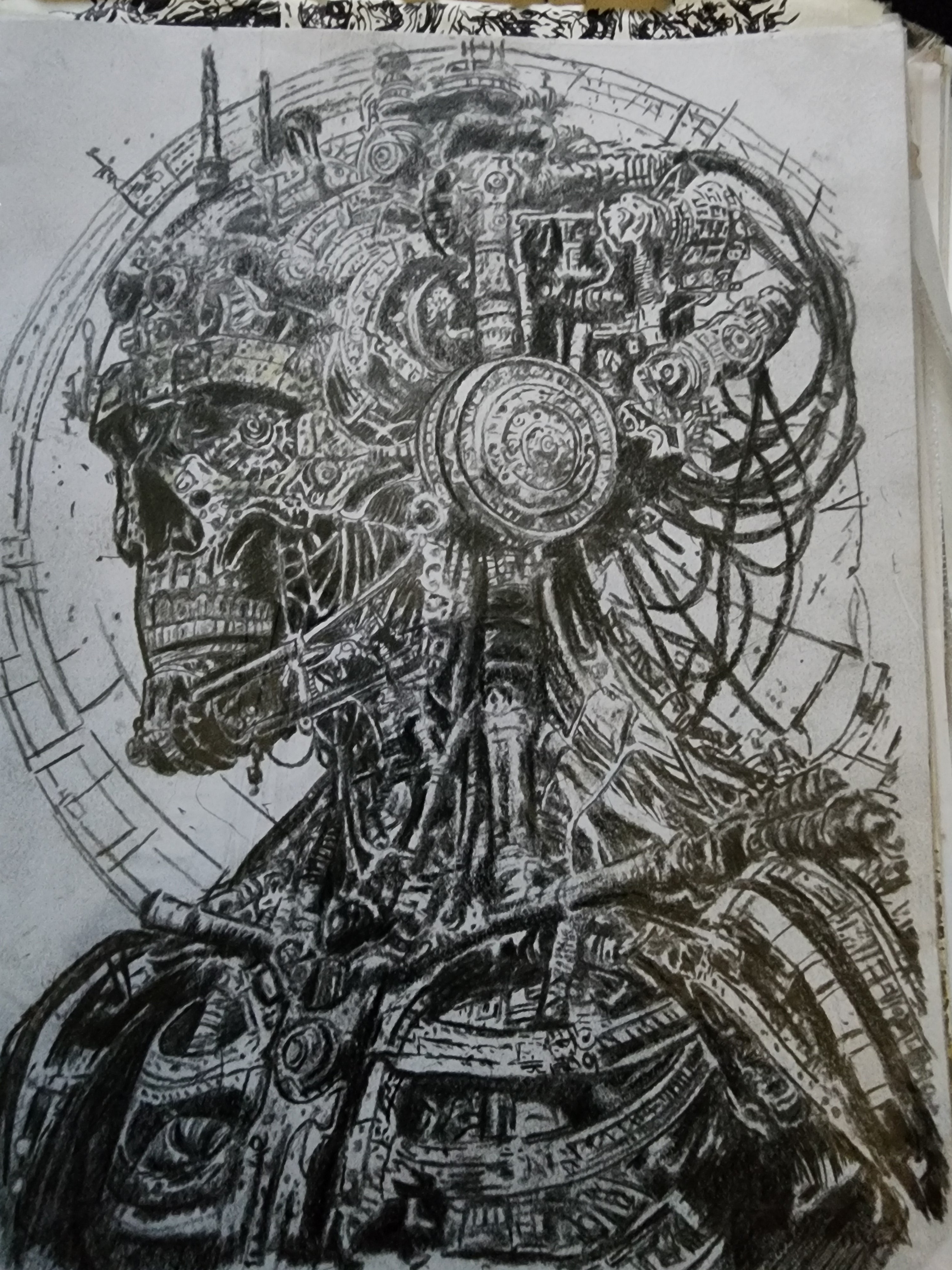 Original 8x11 pencil drawing of a biomechanical skull head filled with gears, pipes, and machinery
