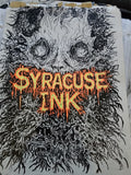 Original 8x11 gel pen drawing of the Syracuse Ink brand mascot monster with orange flame logo lettering