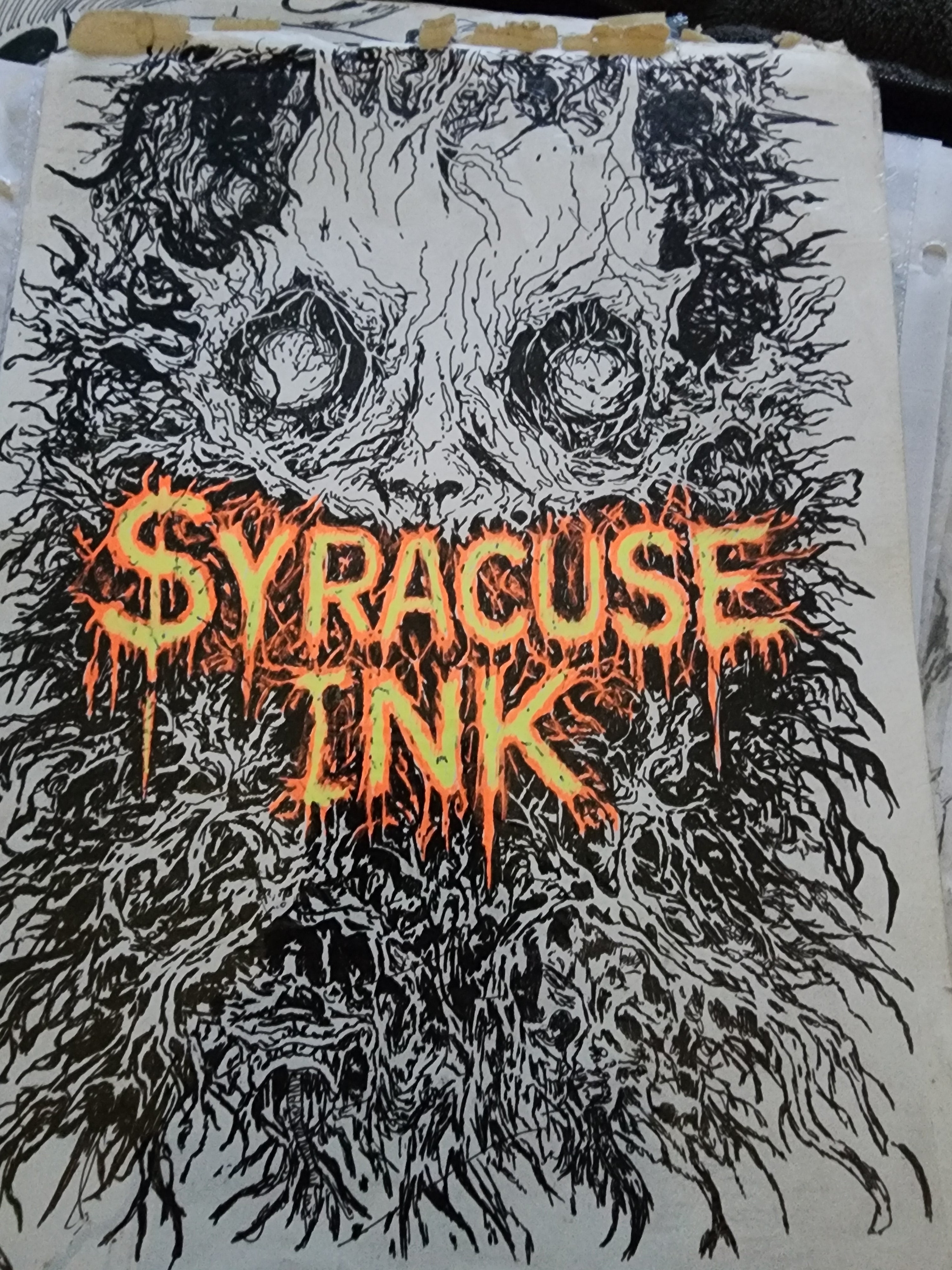 Original 8x11 gel pen drawing of the Syracuse Ink brand mascot monster with orange flame logo lettering