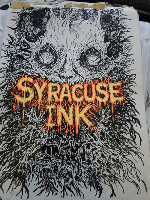 Original 8x11 gel pen drawing of the Syracuse Ink brand mascot monster with orange flame logo lettering