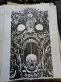 Original 8x11 glitter gel pen drawing of a screaming face with sun goddess crown and skull inside the mouth