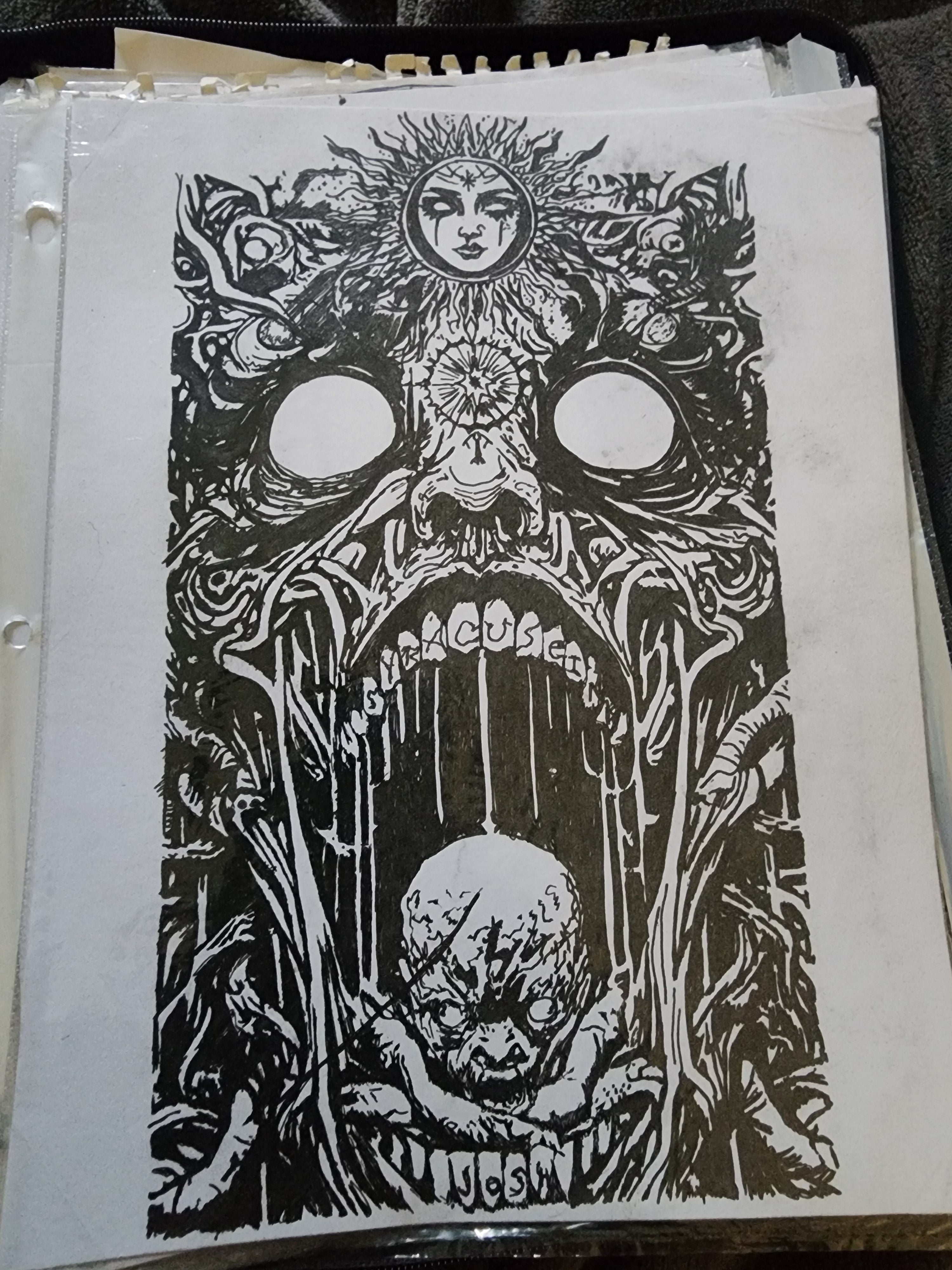Original 8x11 glitter gel pen drawing of a screaming face with sun goddess crown and skull inside the mouth