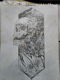 Original 8x11 pencil drawing of a skull dissolving into swirling trees and roots within a diamond shape