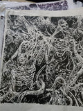 Original 8x11 multi-pen drawing of a dense horror scene with skulls, ribcages, and tentacles