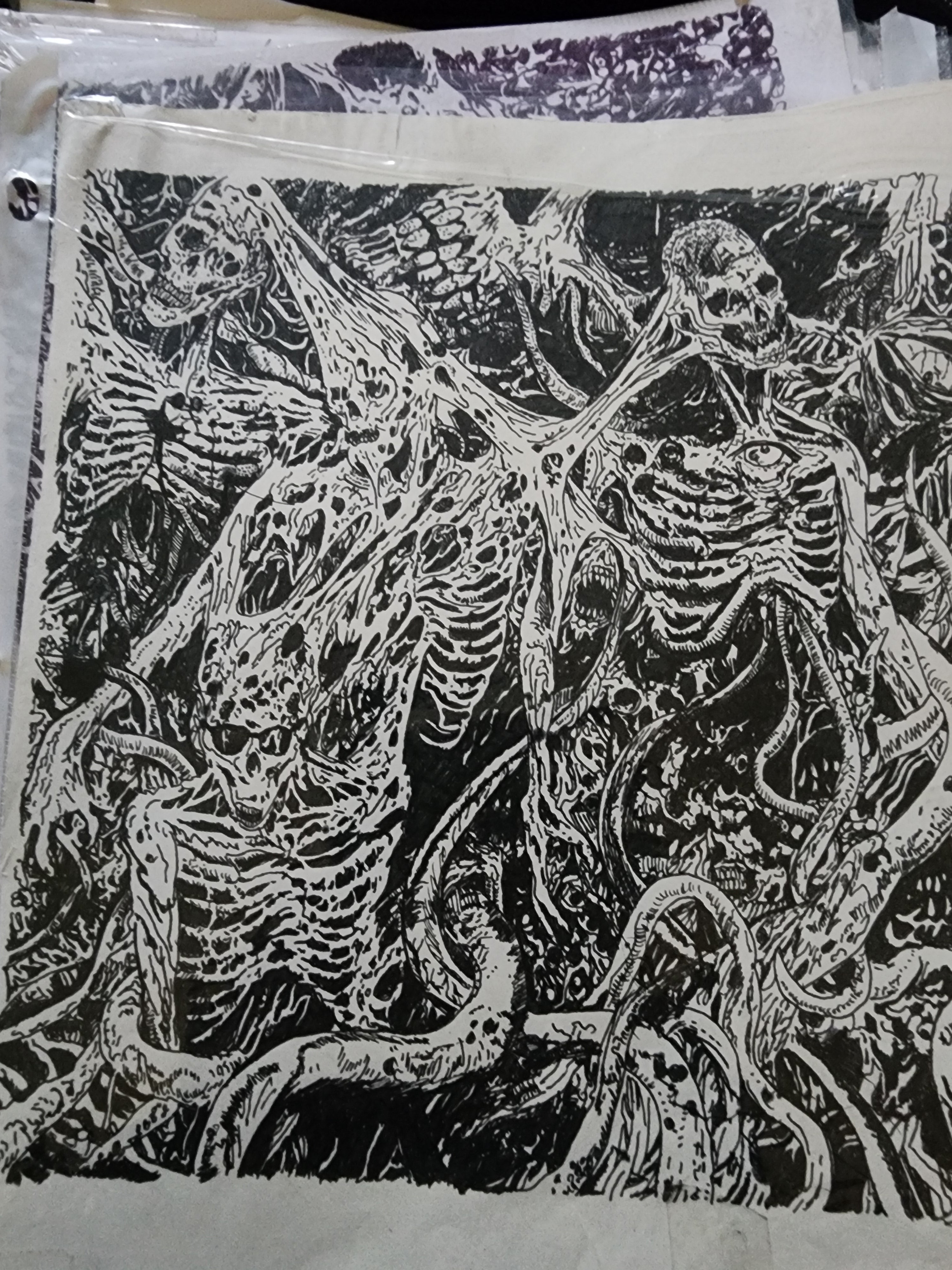 Original 8x11 multi-pen drawing of a dense horror scene with skulls, ribcages, and tentacles