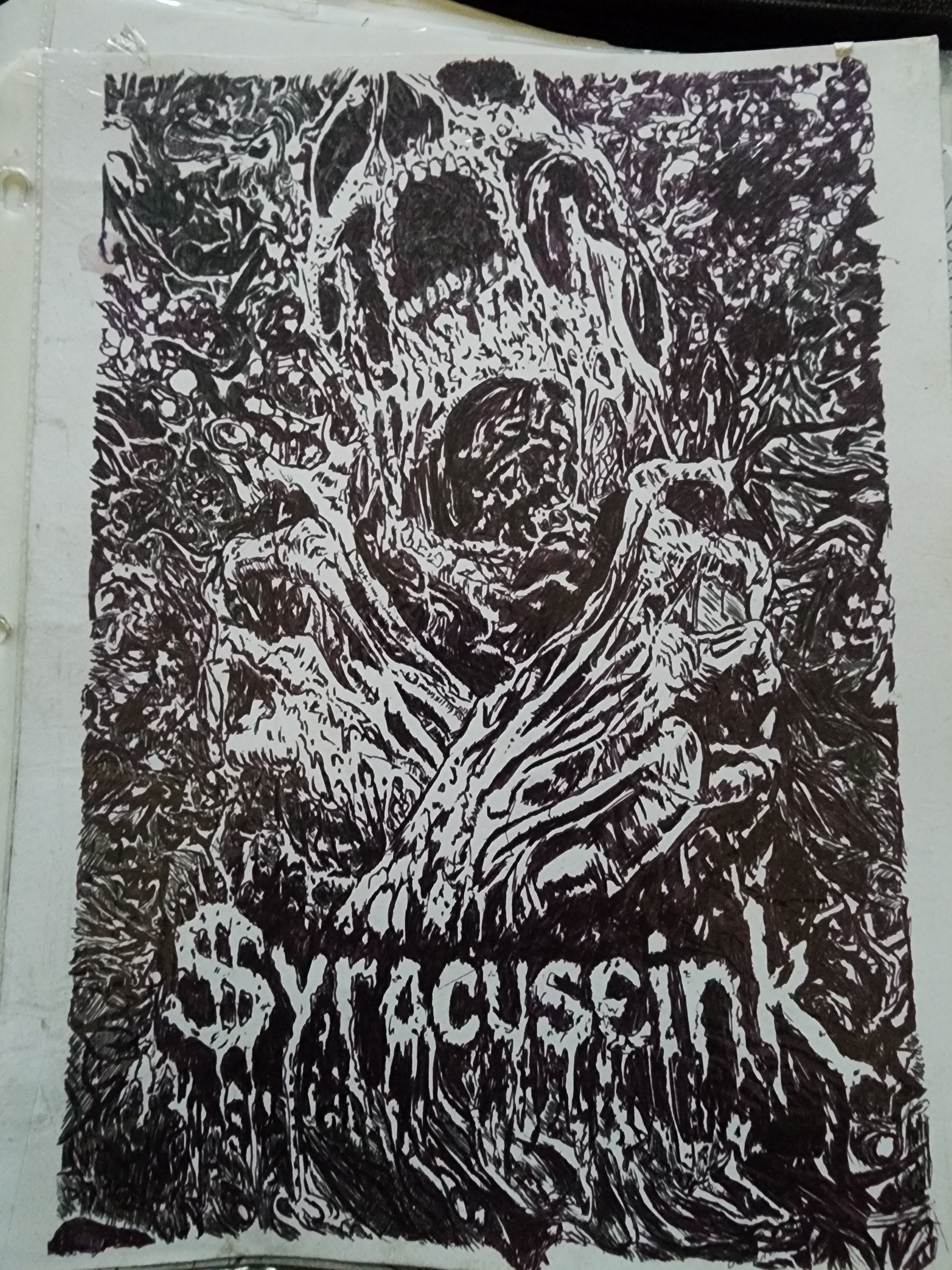 Original 8x11 multi-pen drawing of a decaying creature signed SyracuseInk in brown mahogany purple and grey