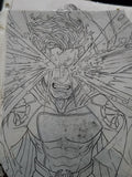 Original 8x11 ballpoint pen drawing of a screaming anime warrior with explosive energy lines