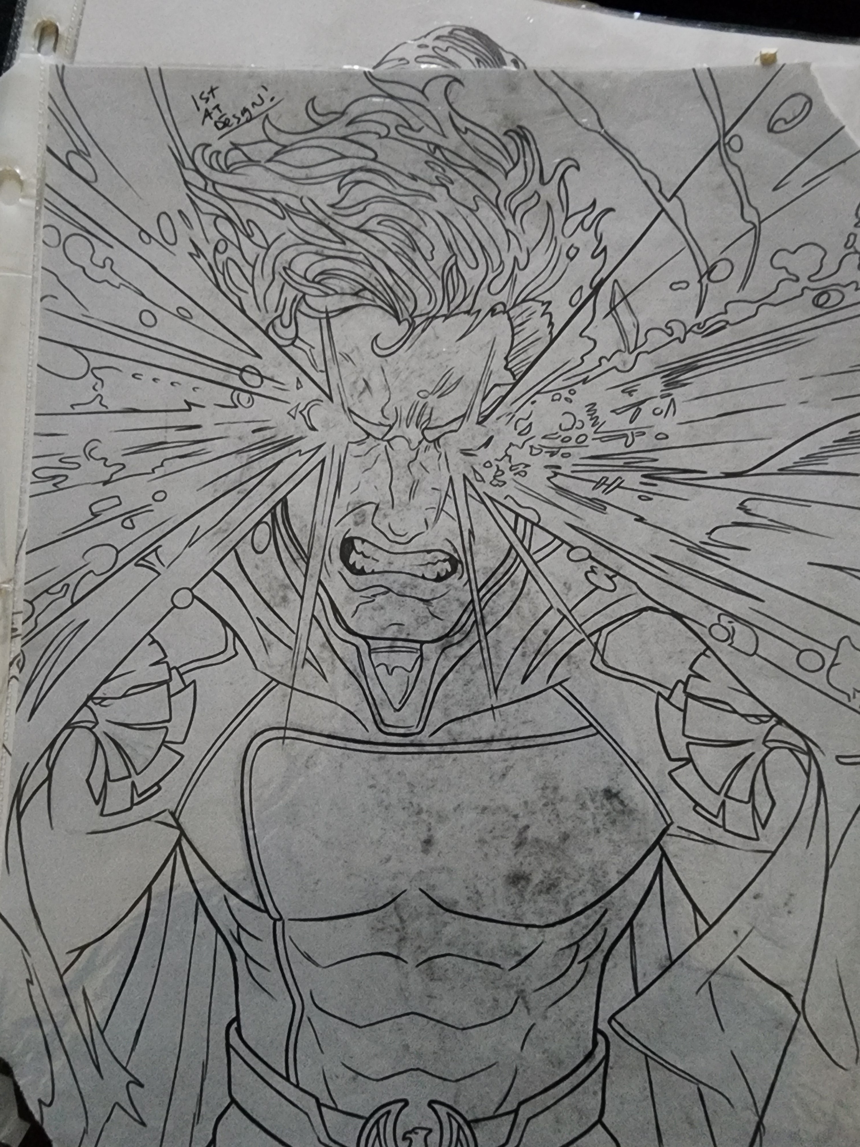 Original 8x11 ballpoint pen drawing of a screaming anime warrior with explosive energy lines