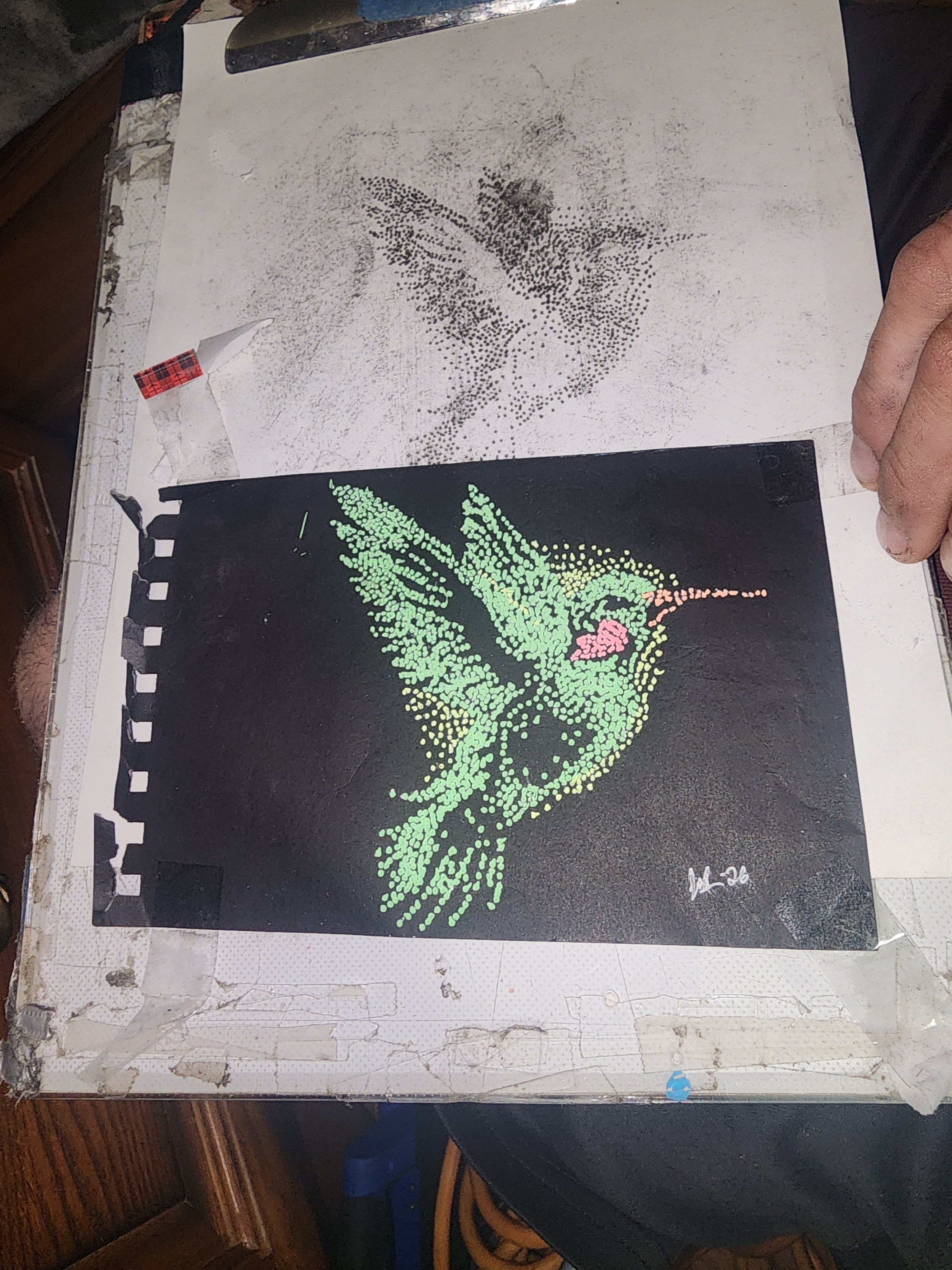Original dot work hummingbird ink art on black card stock by Inkful Minds