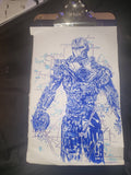Original 5x7 blue ink blueprint drawing of Iron Man with technical diagram annotations