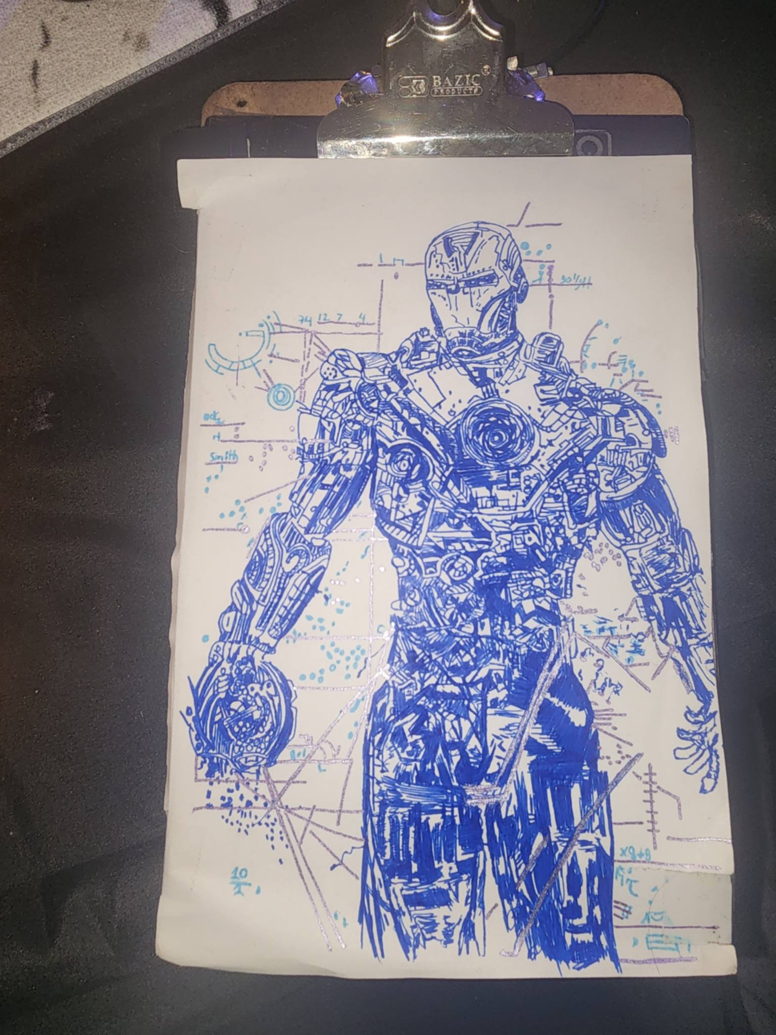 Original 5x7 blue ink blueprint drawing of Iron Man with technical diagram annotations